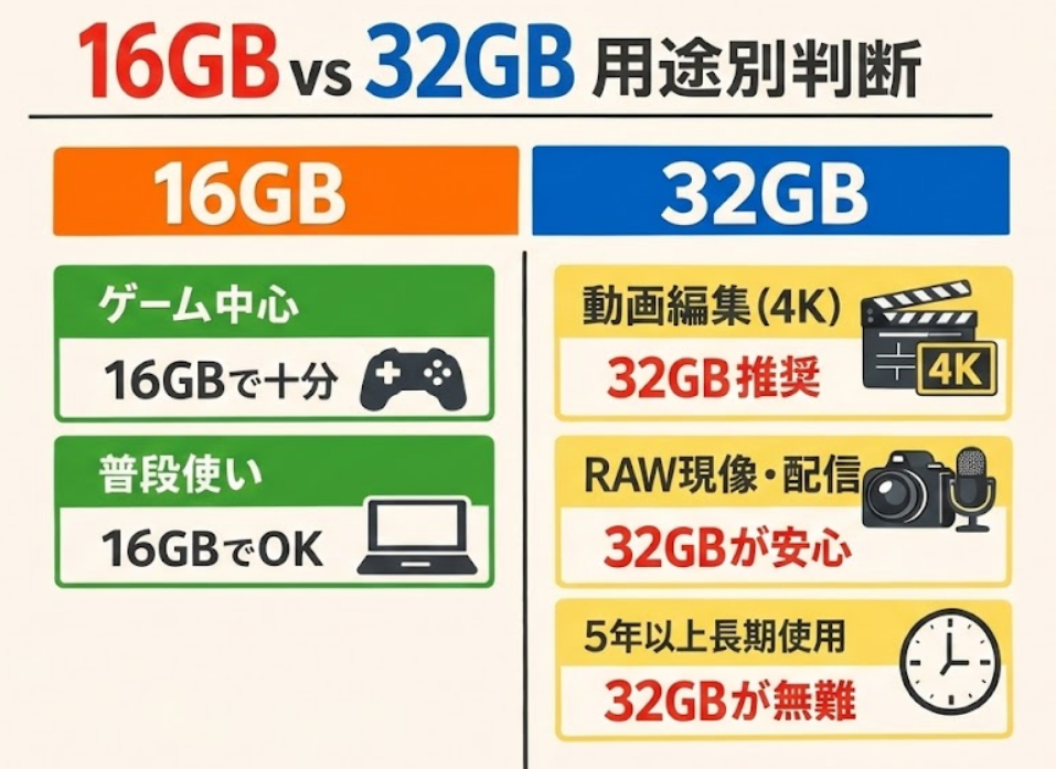 16GBと32GBの用途別判断図（ゲーム中心は16GB、動画編集や長期使用は32GB推奨）