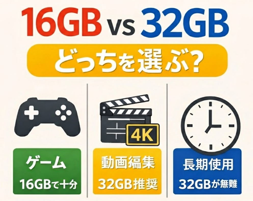 16GBと32GBの用途別メモリ容量比較アイキャッチ画像（ゲームは16GB、動画編集と長期使用は32GB推奨）