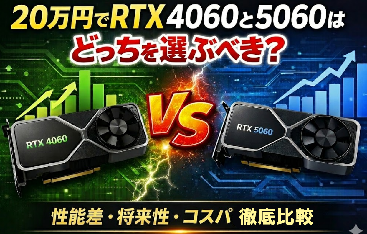 RTX4060とRTX5060の性能差を比較したイメージ図（20万円PCでどちらを選ぶべきか）