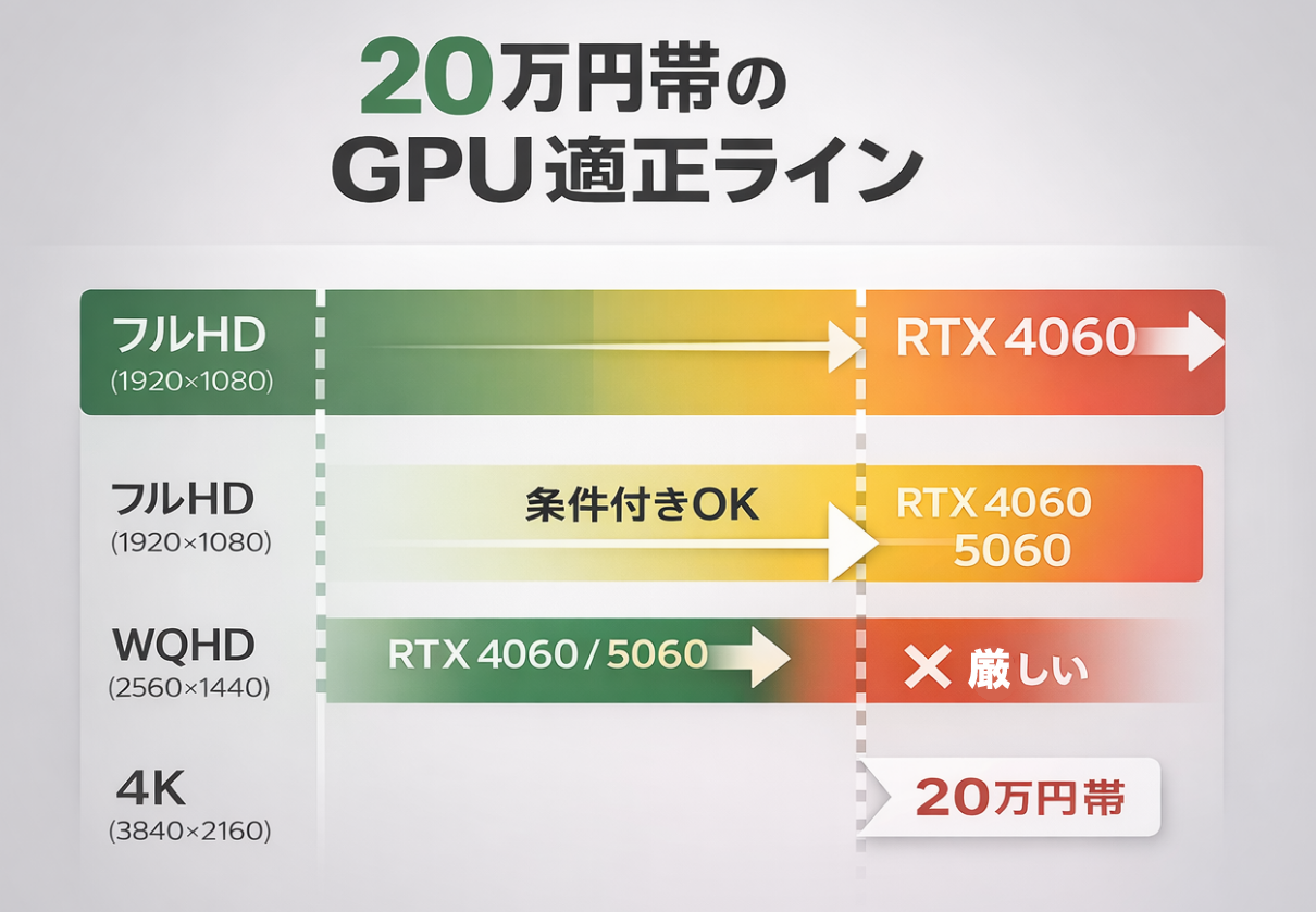 20万円帯におけるRTX4060・RTX5060のGPU適正ラインを解説した図｜フルHD・WQHD・4Kでの目安