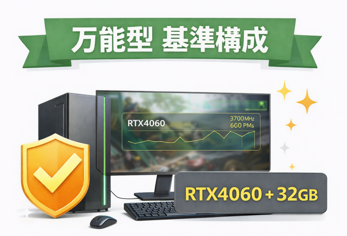 20万円PCの万能型おすすめ構成（RTX4060＋32GB）を示した基準イメージ