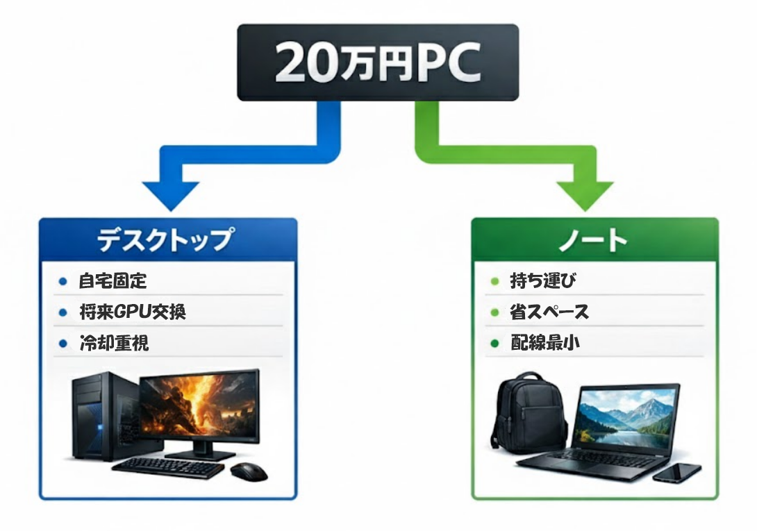 20万円PCはノートとデスクトップどちらを選ぶべきかを整理した判断フロー図。自宅固定・GPU交換・冷却重視ならデスクトップ、持ち運び・省スペース・配線最小ならノート。