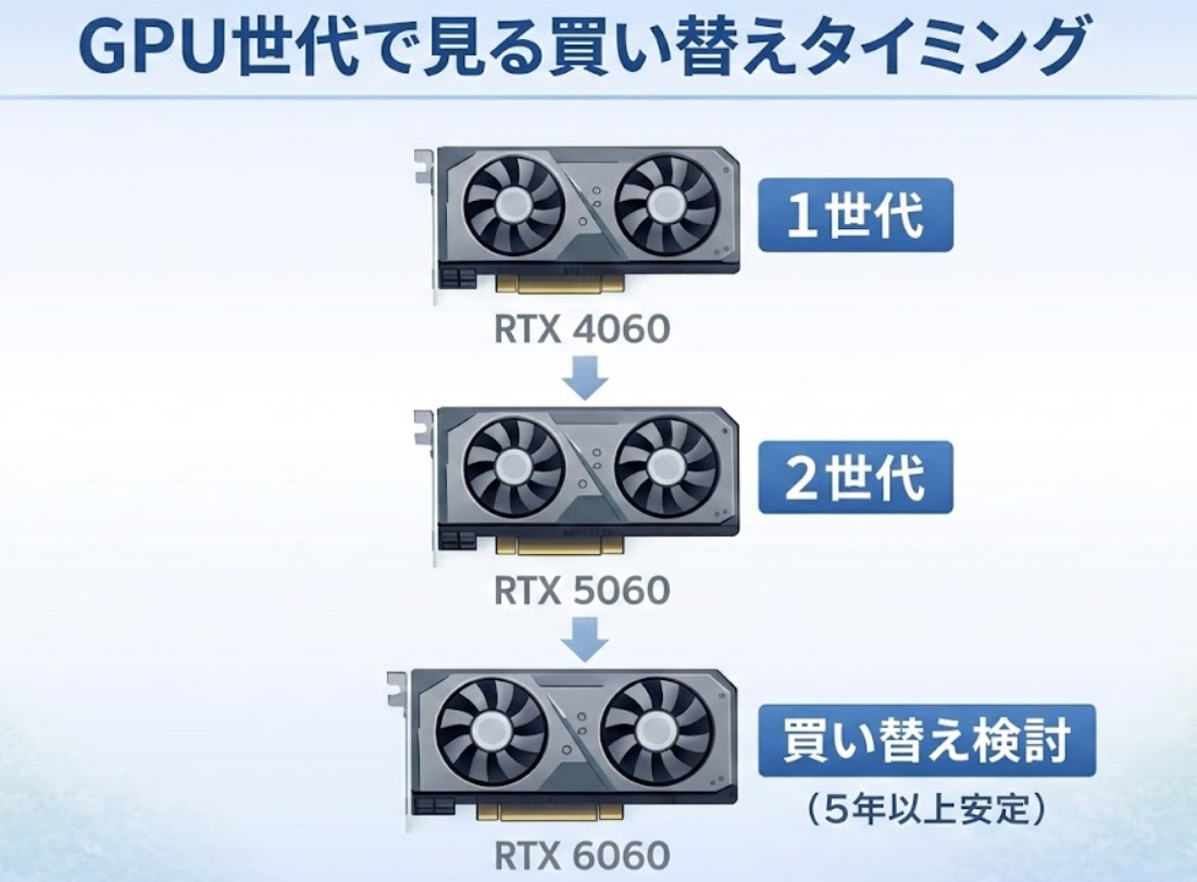 RTX4060からRTX5060、RTX6060へとGPU世代が2回進んだら買い替えを検討する目安を示した図解。