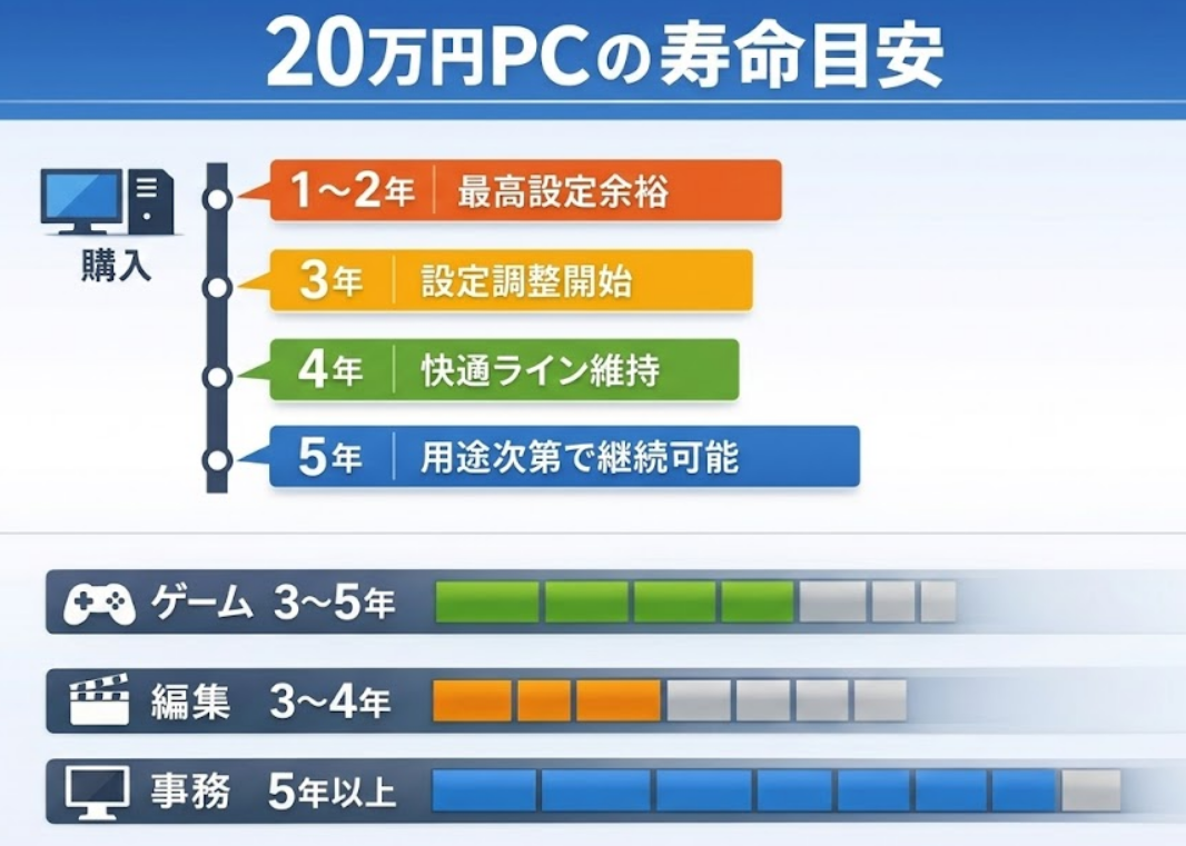 20万円PCの用途別寿命目安を示したタイムライン図(ゲーム3〜5年、編集3〜4年、事務5年以上)