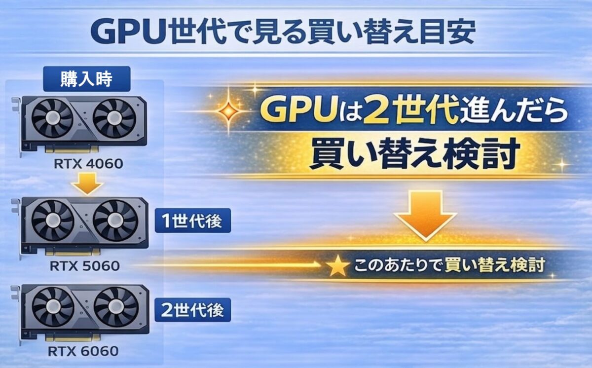 RTX4060からRTX5060、RTX6060へとGPU世代が進んだ場合の買い替えタイミング（2世代後が目安）を示した図解