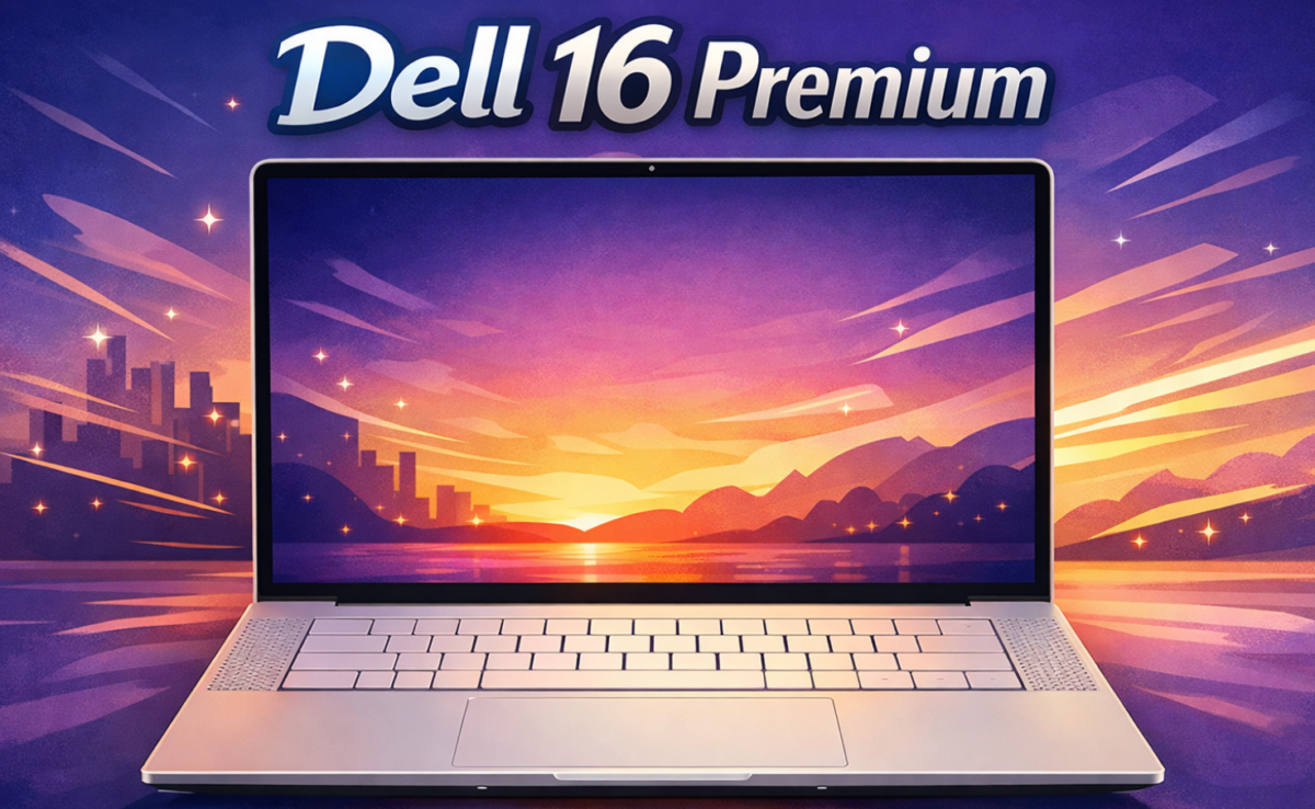 Dell 16 Premium（DA16250）ノートパソコンのイラストイメージ。16.3インチディスプレイとアルミ筐体を備えた高性能ノート。