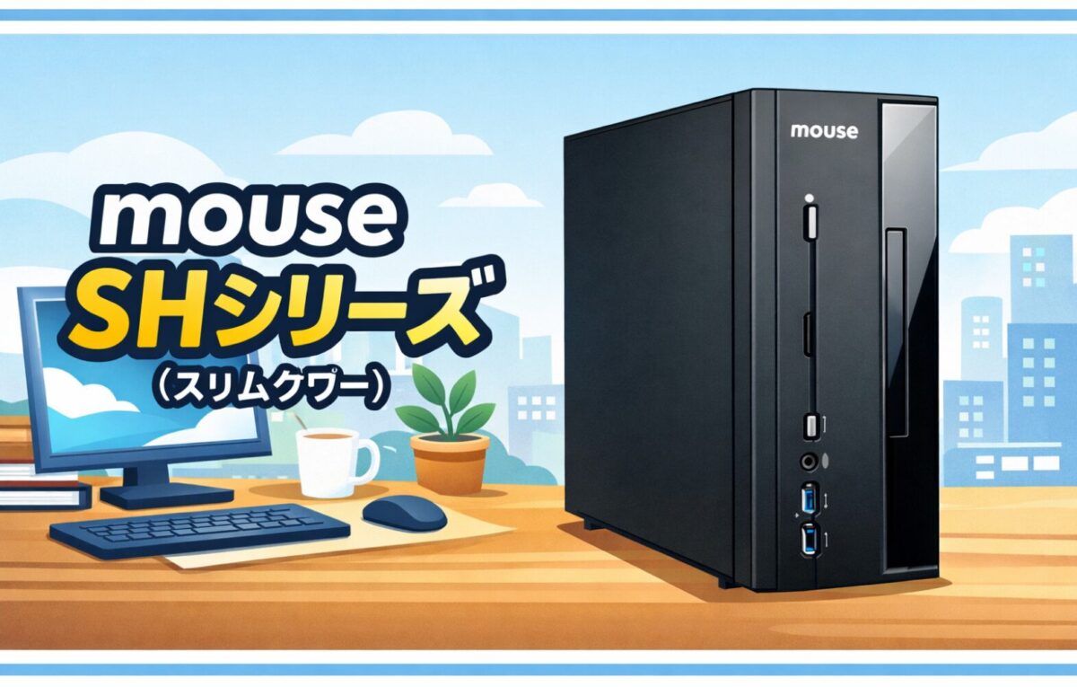 mouse SHシリーズ(スリムタワー)のスリム型デスクトップPCをイラスト化したアイキャッチ画像。