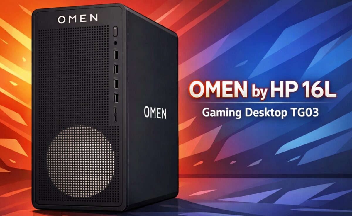 OMEN by HP 16L Gaming Desktop TG03のイラスト化されたデスクトップPC外観。前面メッシュパネルとフロントUSBポートを備えたブラックのゲーミングPC。
