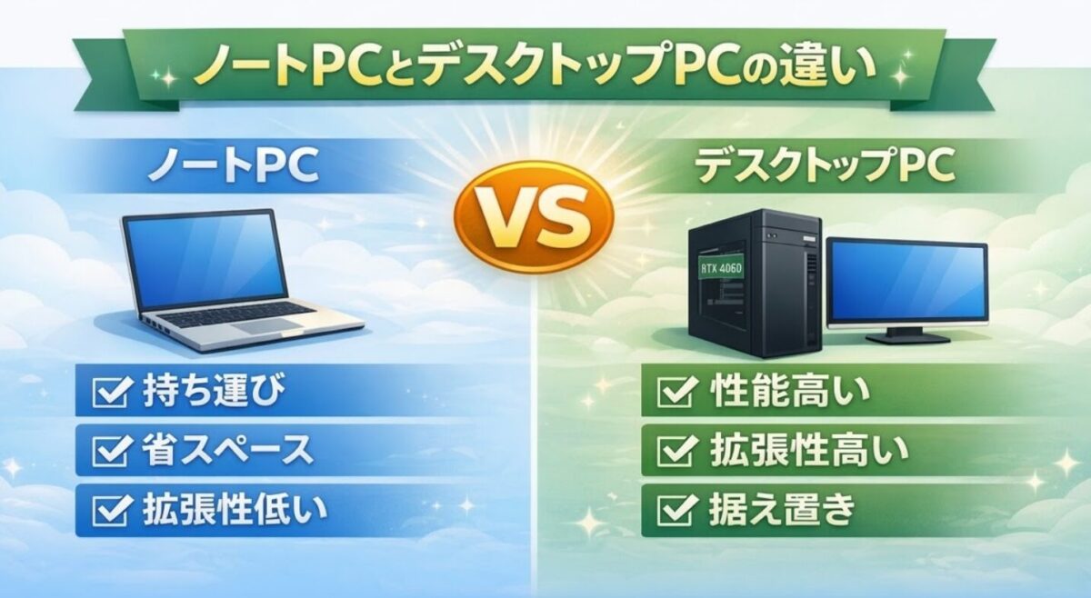 ノートPCとデスクトップPCの違い比較｜持ち運び・省スペースと性能・拡張性の違い