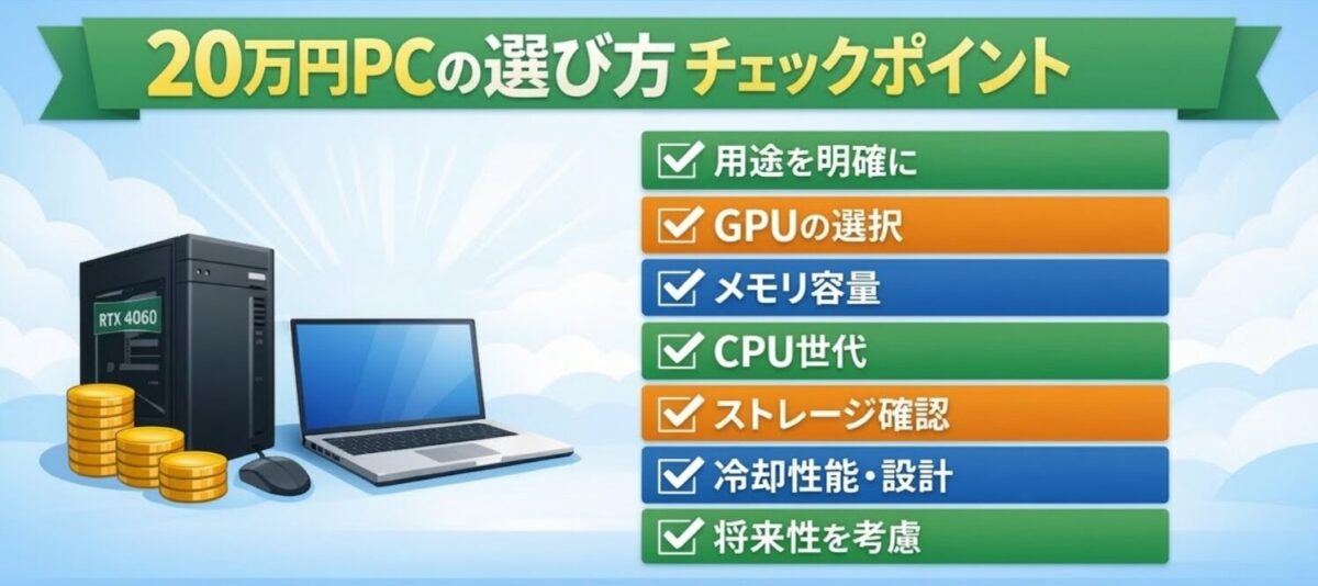 20万円PCの選び方チェックポイント｜用途・GPU・メモリ・CPU世代・ストレージ・冷却・将来性の7項目