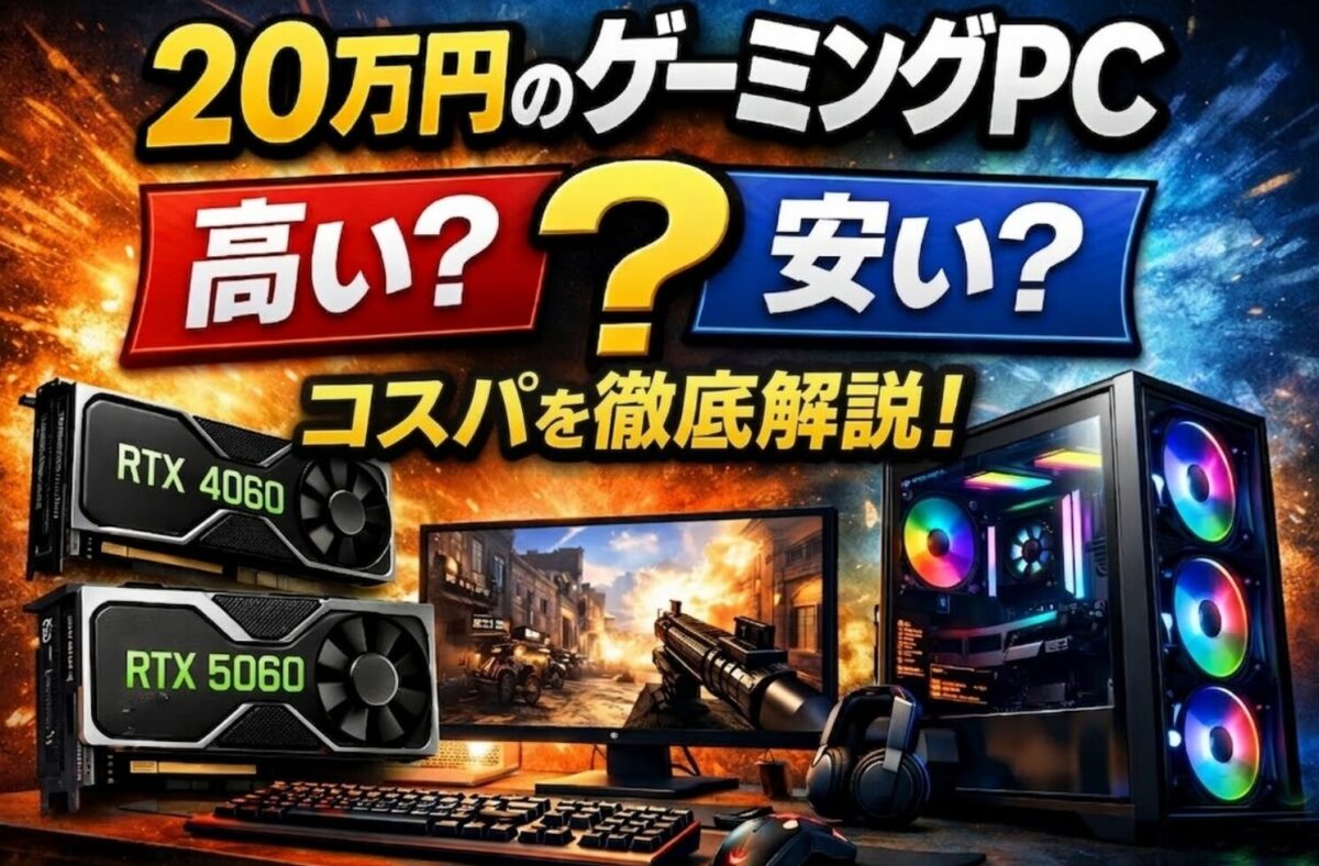 20万円のゲーミングPCは高いのか安いのかをテーマに、RTX4060・RTX5060とゲーミングPC本体をイラストで示したコスパ解説イメージ画像